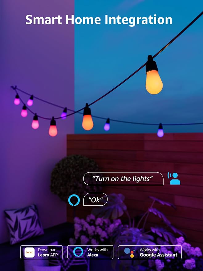 Lepro ZB1 AI Smart Outdoor String Lights, 54(42+12) ft RGB+IC+Warm White Outside Light with 15 Plastic LED Bulbs, Music Sync, Alexa Google Enable, 2.4 GHz WiFi+Bluetooth (APP Control, No Remote)