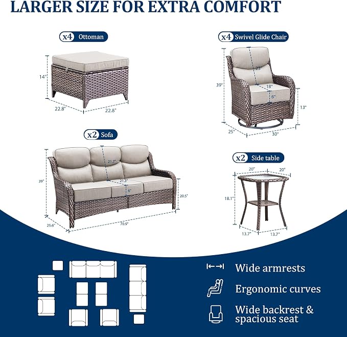 Luxury Swivel Rocker Chair Sofa Set with 6" Thick Cushions,12-Piece Wicker Patio Furniture Set with Ottoman,Outdoor Comfortable High Back Chair Patio Furniture Set - Brown | Beige