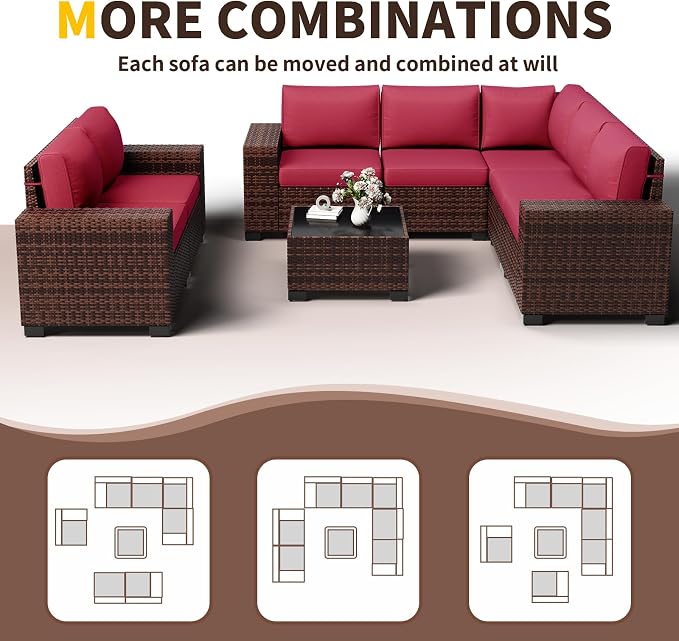 Outdoor Patio Furniture Set, 8‘’ Wide armrest Outdoor Sectional Rattan Sofa Set, Wicker Patio Furniture Sets w/Coffee Table,Thick Cushions for and Cover for Porch,Deck,8 PCS (Brown&Wine)