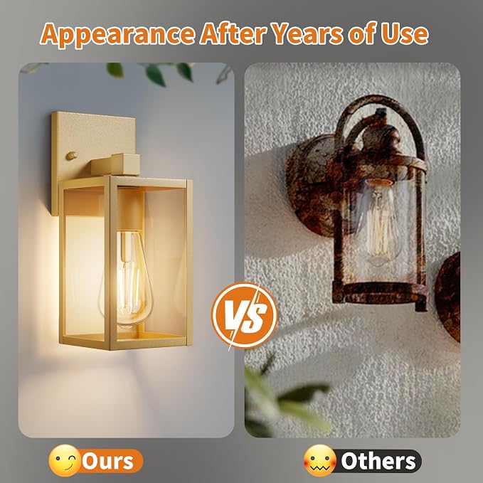 Outdoor Light Fixtures Wall Mount, Waterproof Front Porch Lights, Modern Exterior Lighting Fixtures with E26 Socket, Gold Wall Sconces Lantern Lamp, Outside Lights for House, Garage, Patio (2 Pack）