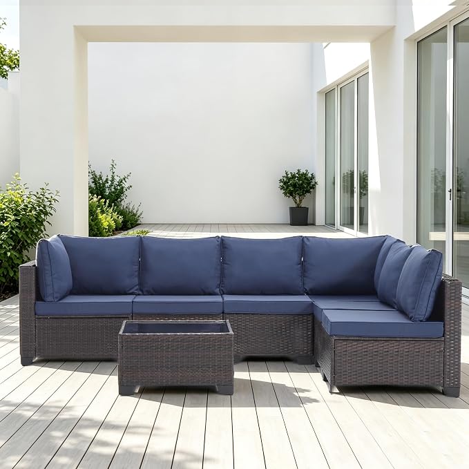 7 Pieces Outdoor Patio Furniture Set, Brown PE Rattan Weaving Sofa with Navy Blue Cushions and Steel Frame, Coffe Table Included, Outdoor Conversation Set