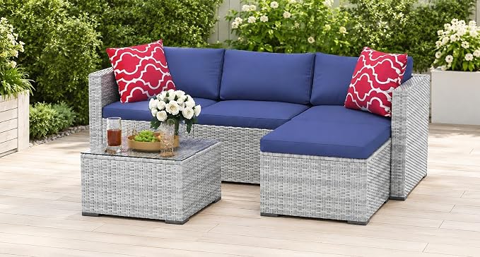 GAOMON 5 Piece Outdoor Patio Furniture Set, All-Weather PE Wicker Sectional Couch Set with Cushions and Ottomans, Outdoor Patio Conversation Set with Glass Table for Backyard, Porch, Balcony