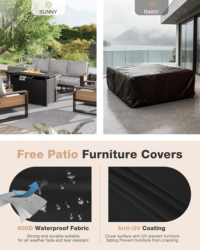 Aoxun Aluminum Patio Furniture Set with Fire Pit Table, 7 Seats Luxury Outdoor Sectional with 6" Olefin Fabric Cushions, Patio Conversation Sets with Waterproof Cover for Backyard, Porch Light Grey