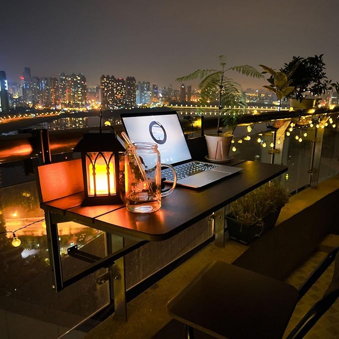 Balcony Bar Table for Railings, Outdoor Hanging Folding Adjustable Height Deck Rail Table for Patio, Garden, Rustproof Aluminum Alloy Frame,Weather Resistant, Easy Assembly