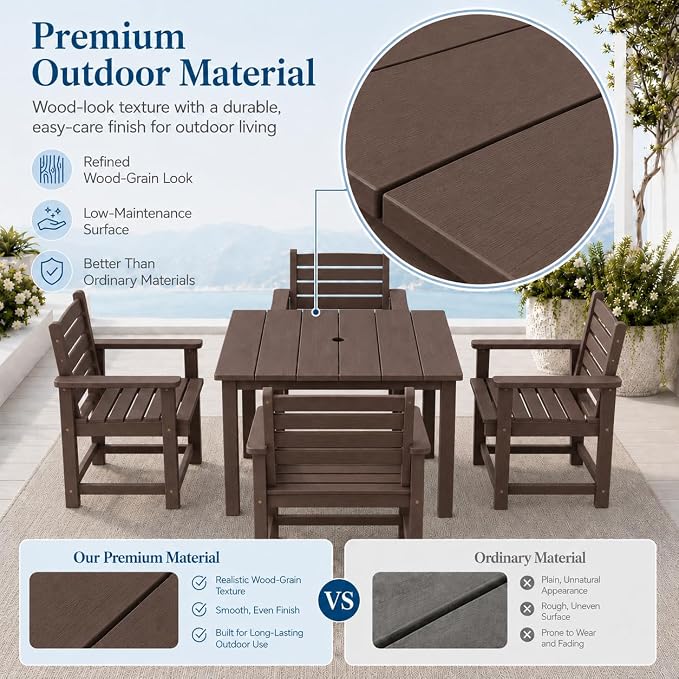HDPE Outdoor Dining Set for 4, Square Table & Chairs Set | • All-Weather Polywood Composite • 410 lbs Heavy-Duty Support • Built-In 2" Umbrella Hole • Easy Soap-Water Wash