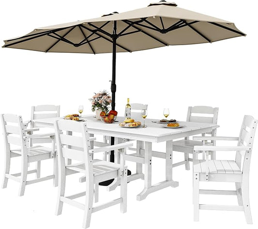 YITAHOME 8-Piece Patio Dining Set with 13ft Double-Sided Umbrella, Outdoor Rectangular Table and 6 Chairs, 71"x38" All-Weather HIPS Furniture Set for Garden, Deck, Lawn - White