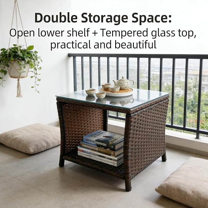 Outdoor Patio Wicker Table,Rattan Side Table,Modern Patio End Side Table with Glass Countertop and Storage Space,for Porch Garden Balcony