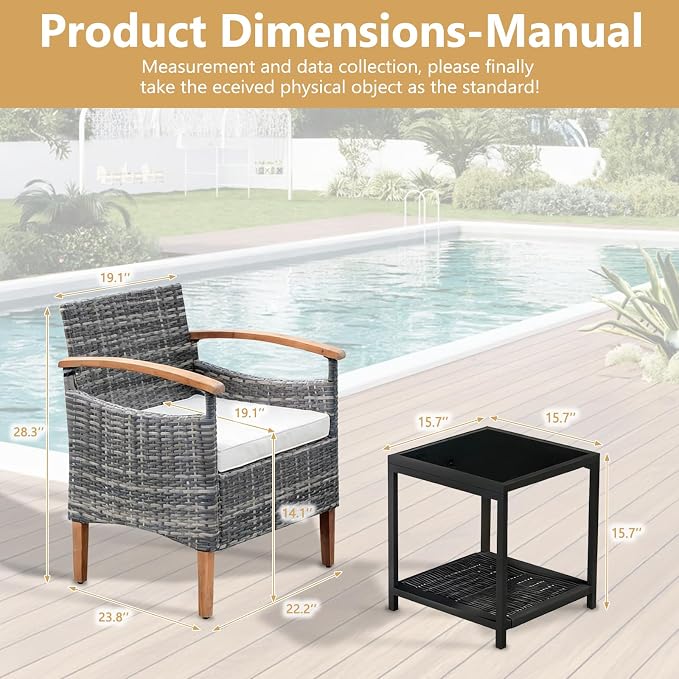 3 Pcs Outdoor Patio Conversation Set, Outdoor Patio Rattan Chair with Side Coffee Table, Outdoor Patio Furniture Sets for Yard Garden Backyard Lawn (Gray)