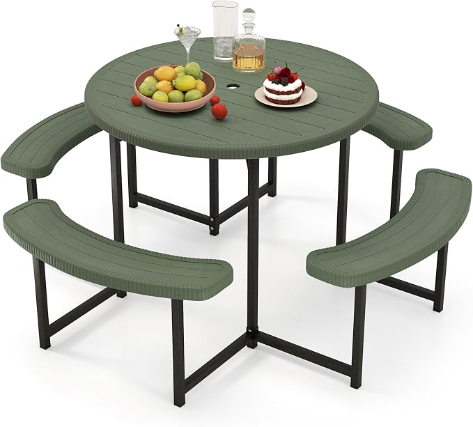 Byroce 6-8 Person Picnic Table for Outdoors, HDPE Picnic Table Set with 4 Benches, Umbrella Hole & Metal Frame, Heavy Duty Round Dining Table Chairs for BBQ Party in Patio, Yard & Poolside (Green)