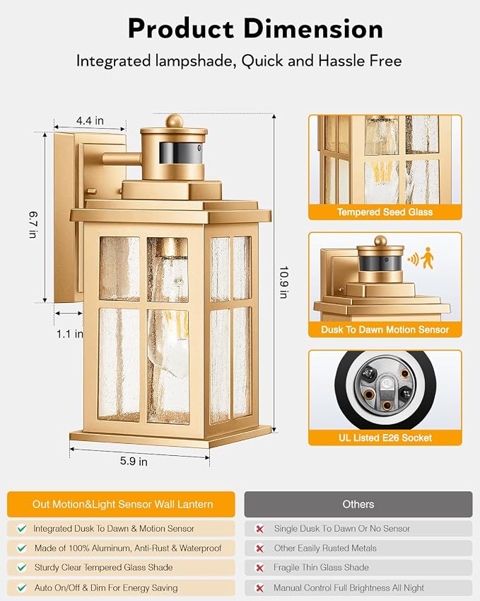 VIANIS Motion Sensor Porch Lights Outdoor, Gold Dusk To Dawn Outside Light Fixtures for House, Modern Exterior Garage Lights Wall Mount Sconce for Front Door Patio with Tempered Seeded Glass Anti-Rust