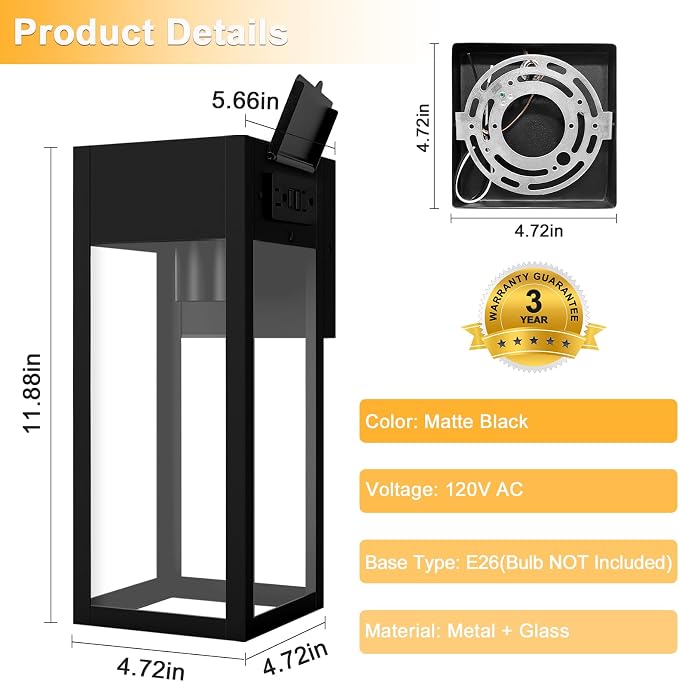 Porch Lights Outdoor Wall Sconce, Outdoor Light with GFCI Outlet, Waterproof Exterior Wall Lantern Light Fixtures, Anti-Rust Wall Lamp with Clear Glass for Patio Doorway Garage- Black, 1 Pack
