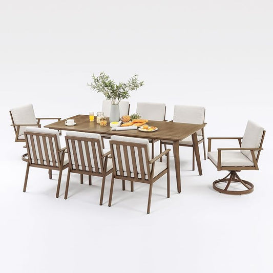 9 Pieces Patio Dining Set for 8, Never-Rust All-Aluminum Outdoor Dining Set with Removable Cushions, Patio Furniture Set with 2 Swivel Chairs, Patio Table and Chairs Set for Deck Yard, Teak