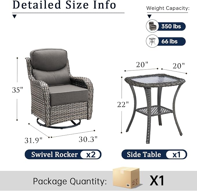 6 Piece Wicker Patio Furniture Set with Swivel Rocker Chairs Set of 4 Grey