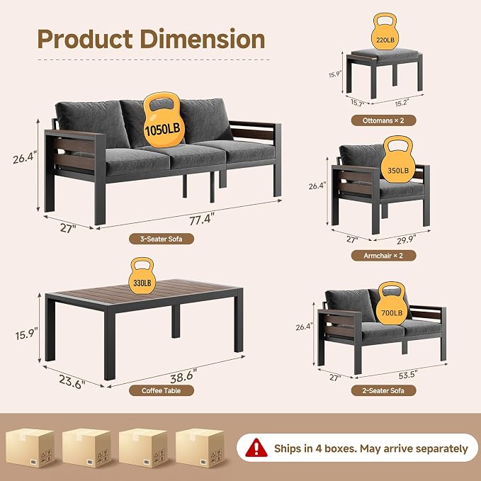 Modern Aluminum Patio Furniture Set with 2 Footstool, 7 Pieces Rustproof Patio Conversation Sets with Thick Cushions & Coffee Table, All Weather Oversized Metal Sectional Sofa for Deck Backyard