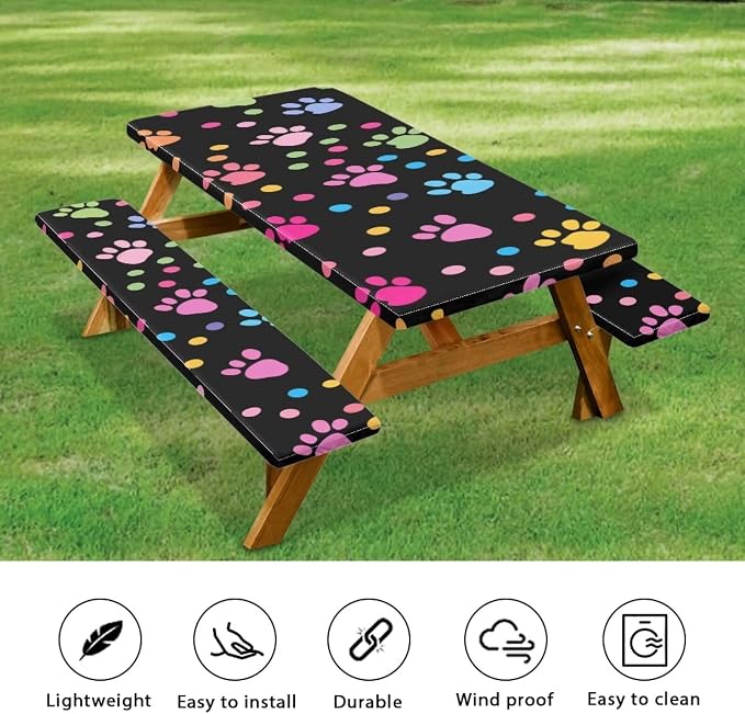 Dog Paw Picnic Table Cover with Bench Covers Waterproof and Breathable Table Covers for 8 Foot Tables 3 Pcs Picnic Table Bench Covers Camping Essentials for Camper, 94x30 Inches