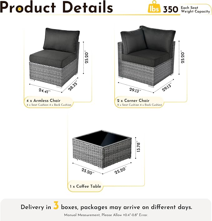 Weaxty 7 Pieces Outdoor Patio Furniture Set,Wicker Sectional Sofa Couch with Thicken Cushion and Glass Coffee Table,All Weather Rattan Patio Conversation Sets for Porch,Poolside,Backyard, Black