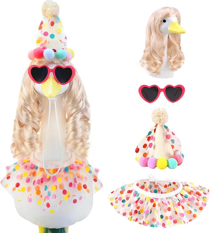 Birthday Porch Goose Outfit 1 Pack with Long Blonde Wig Happy Birthday Hat Scarf Porch Goose Outfits Party Style Outdoor Decor for Lawn Geese Statues