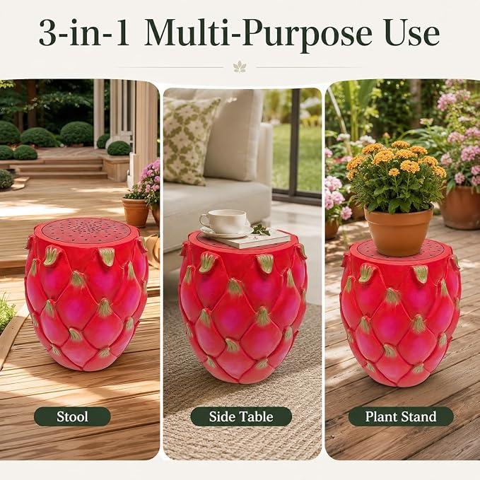 13.4" Dragonfruit Outdoor Garden Stool, Funky Fruit Side Table Indoor, Vibrant Table Home Decor Plant Stand Garden Indoor Outdoor Decorations
