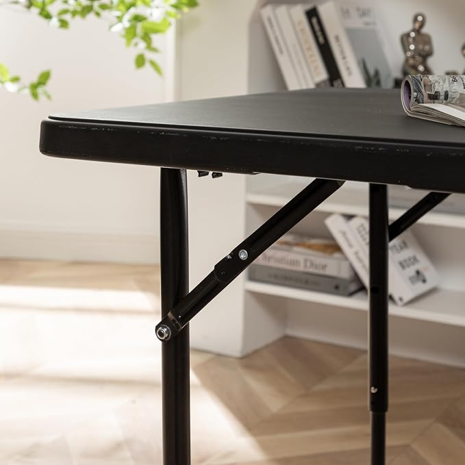 BTEXPERT 4 Foot Fold-in-Half Folding Utility Table, Height Adjustable Portable Plastic Table w/Carry Handles, Lightweight Commercial Grade Indoor Outdoor for Picnic, Camping, Office Home Party Black