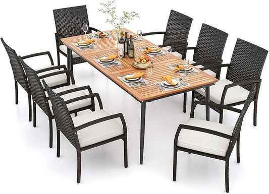 Tangkula 9-Piece Patio Dining Set, 79" Outdoor Acacia Wood Dining Table with 1.9" Umbrella Hole & 8 Rattan-Woven Dining Chairs with Seat Cushions, for Garden, Porch, Deck