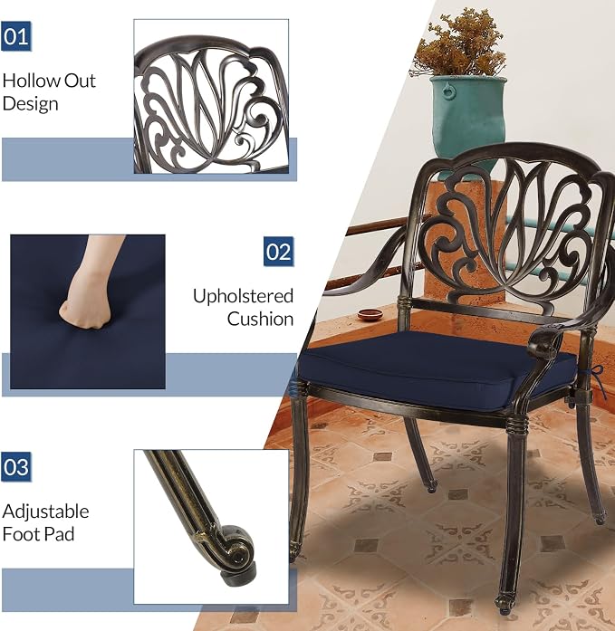 9-Piece Patio Cast Aluminum Dining Set, Outdoor Dining Furniture Set for 8 Person, Includes 94.5" Rectangular Dining Table and 8 Cushioned Chairs with Umbrella Hole, Navy Blue