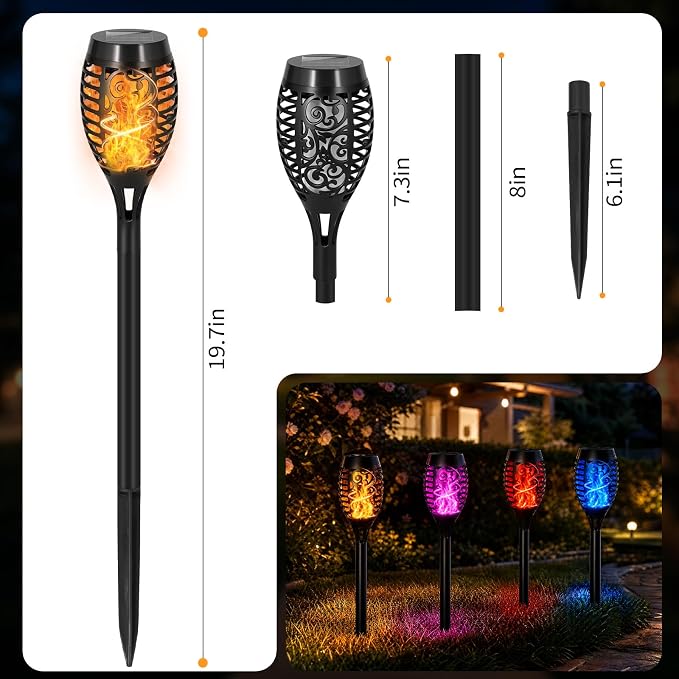 8 Pack Solar Lights Outdoor, Multicolor Flickering Flame Torches | Multicolor Flickering Flame, Long Nighttime Glow, Auto-On at Dusk, IP65 Weather-Resistant, Tool-Free Ground Setup