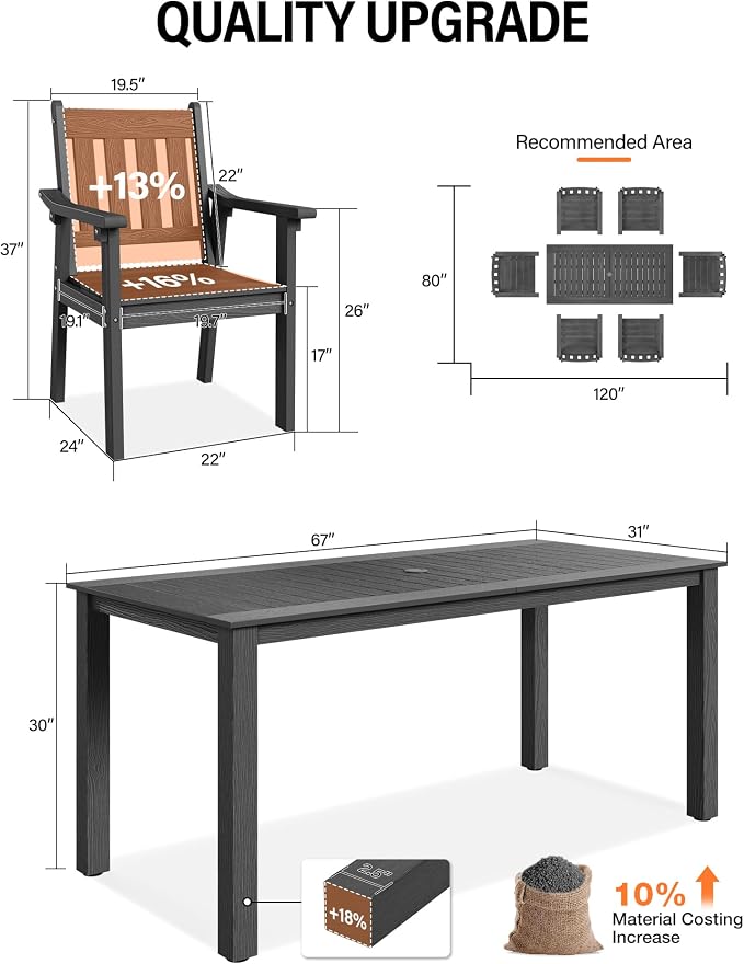 YEFU HIPS Patio Table Set: 7 Piece Patio Table and Chairs Outdoor Furniture Set with Umbrella Hole - Gray Modern Plastic Dining Sets 6 Person for Outside Deck with Metal Aluminum Frame