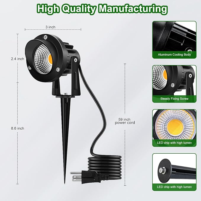 Romwish 12W LED Landscape Spotlights, 120V Plug-in Outdoor Lighting, 2 Pack | 1200LM Brightness with 3000K Warm White, IP65 Waterproof, Adjustable 270° Head & 60° Beam for Tree, Garden, Pathway and Yard