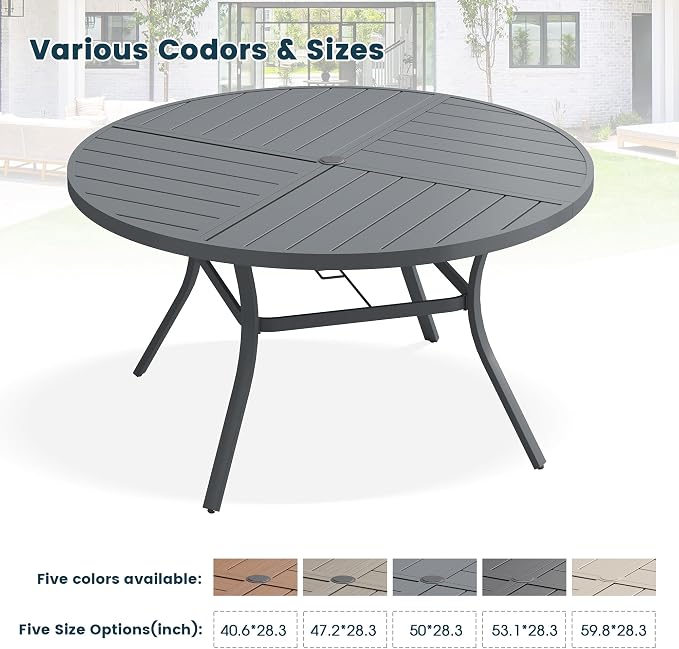 Patio Dining Table for 6-8, Round Metal Outdoor Table with Storage Shelf, 1.57" Umbrella Hole, 53" Outdoor Quartered Tabletop Dining Table for Backyard, Porch, Lawn, Dark Grey