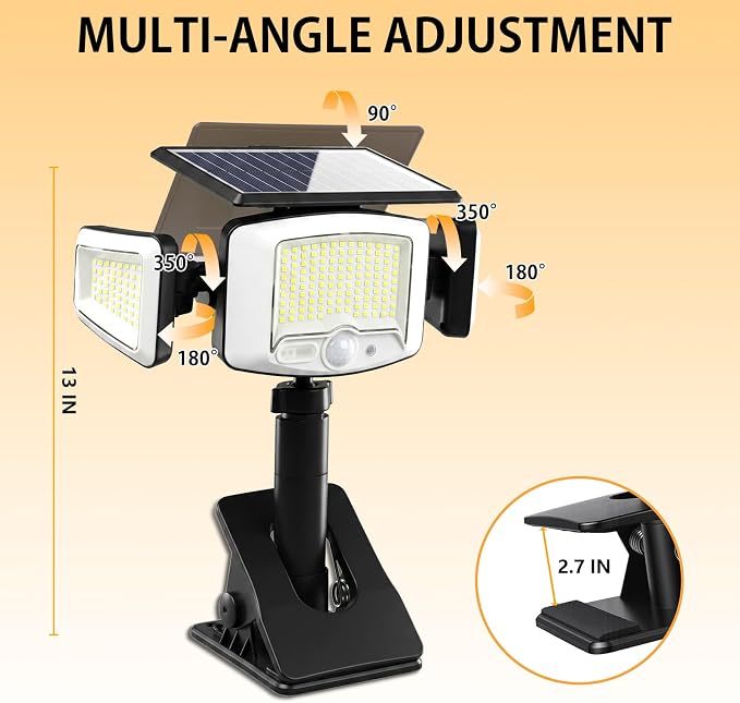 Clip-On Solar Lights, Motion Sensor Outdoor Lights with Stakes | In-Ground, Clamp or Wall Mount, USB Charging Supported, IP65 Waterproof, Solar Flood Lights for Yard, Fence, Pathway, 2 Pack