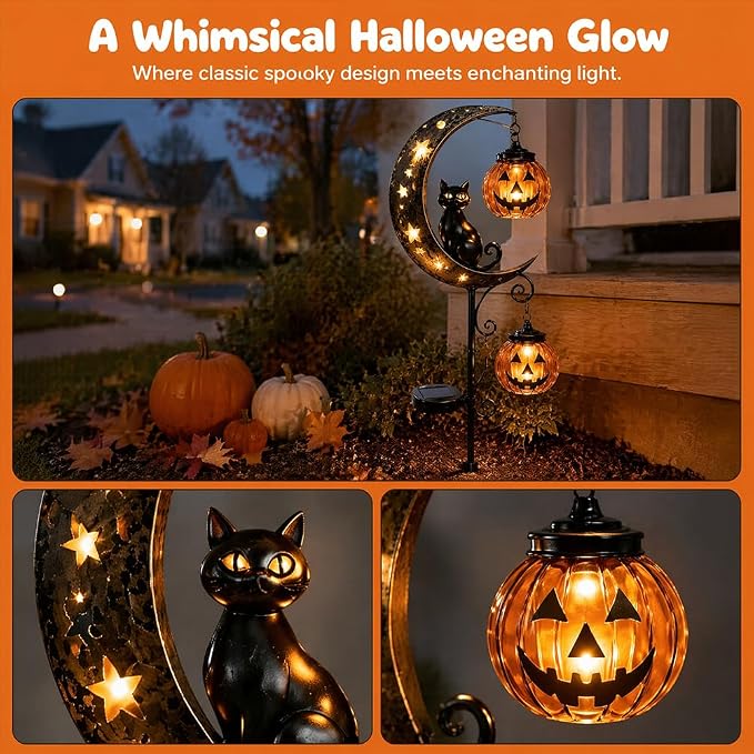 Solar Halloween Black Cat & Pumpkin Moon Garden Stake Light, Outdoor Waterproof LED Yard Decoration with Crescent Moon, Hanging Jack-o'-Lantern Lantern for Garden, Patio, Walkway, Porch (Style A C)
