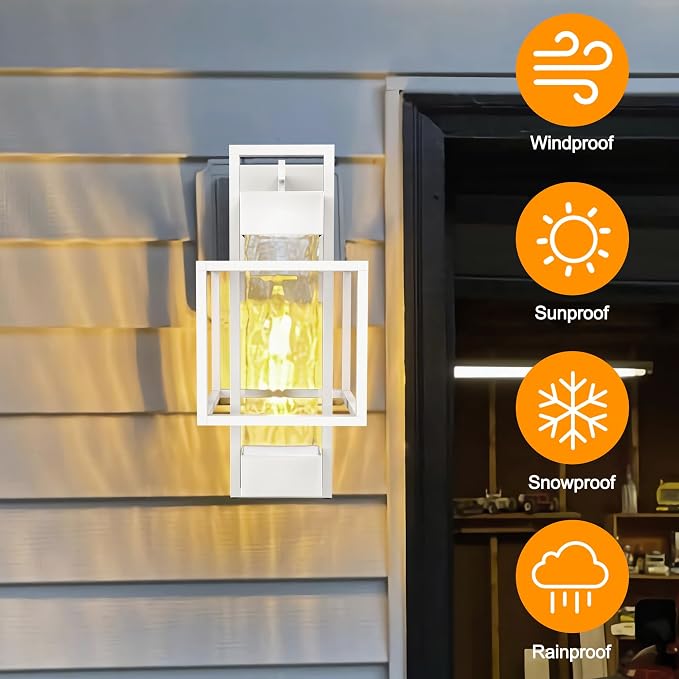 Modern Outdoor Wall Porch Lights 2 Pack, 15" Exterior Sconce Waterproof Dusk to Dawn Lighting, White