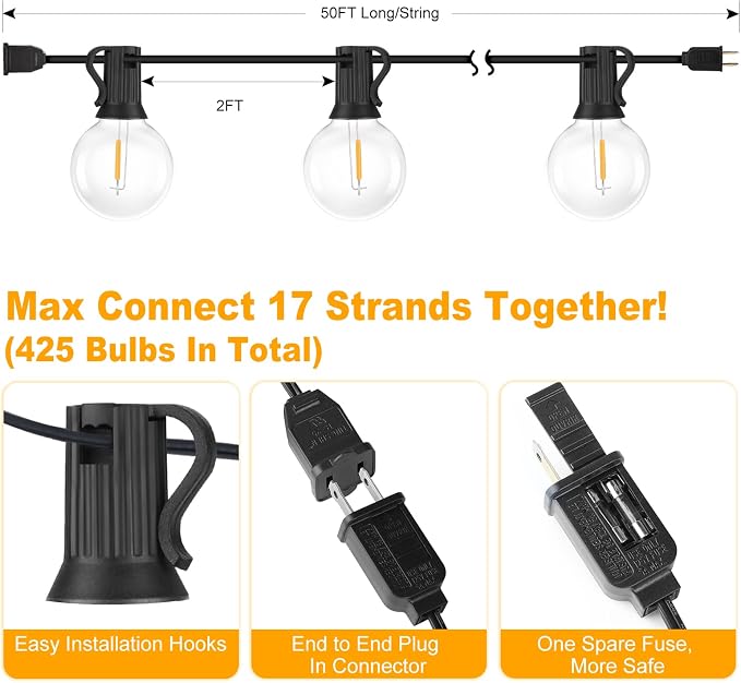 Bosceos 50FT G40 LED Globe Connectable String Lights Outdoor Waterproof | Dimmable Shatterproof Light Strings with 25 Bulbs Commercial Hanging Lights for Christmas Patio House Backyard Balcony Party