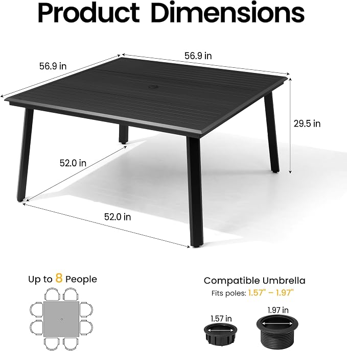 57" Square Outdoor Table for 8, Aluminum Large Patio Dining Table | 1.57-1.97" Adjistable Umbrella Hole All-Weather Slatted Design for Lawn, Backyard, Garden, Black