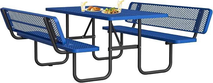 Outdoor Picnic Table with Umbrella Hole-Coated Steel Heavy Duty Commercial Grade Dining Table with Back Seat,Commercial Metal Picnic Table, Heavy Duty Rectangular Furniture Set for Life