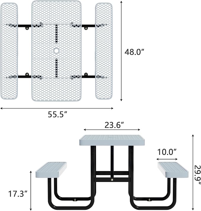 4 FT Metal Picnic Tables for Outdoors, Industrial Expanded Metal Patio Dining Table with Benches & Umbrella Hole, Outside Table Rectangular Table Furniture Set for Garden, Lawn, Parks