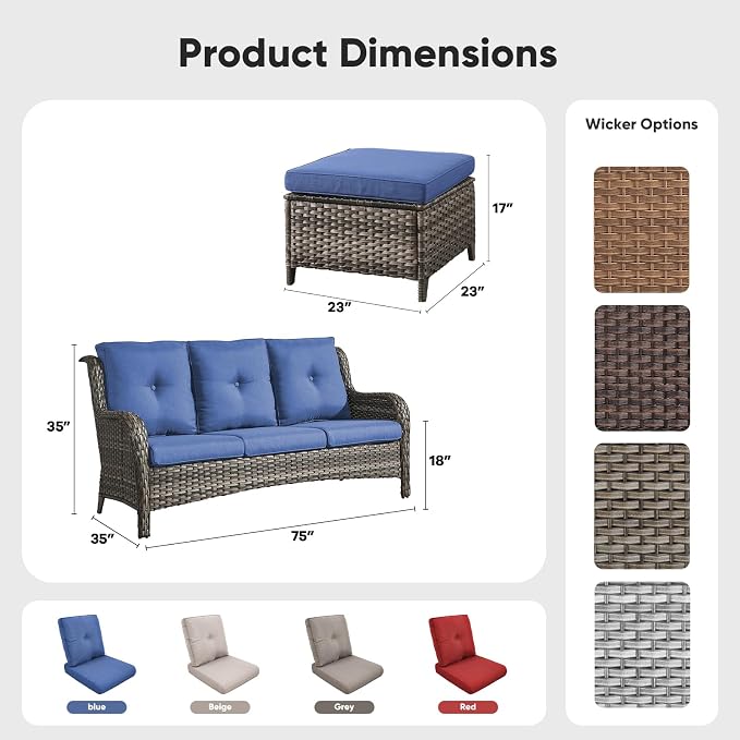 Belord 3-Piece PE Wicker Outdoor Sofa with 2 Ottomans, Luxury Patio Couch Convertible to Chaise Lounge, All-Weather High Back Deep Seat Woven Furniture for Deck, Porch - Grey/Blue