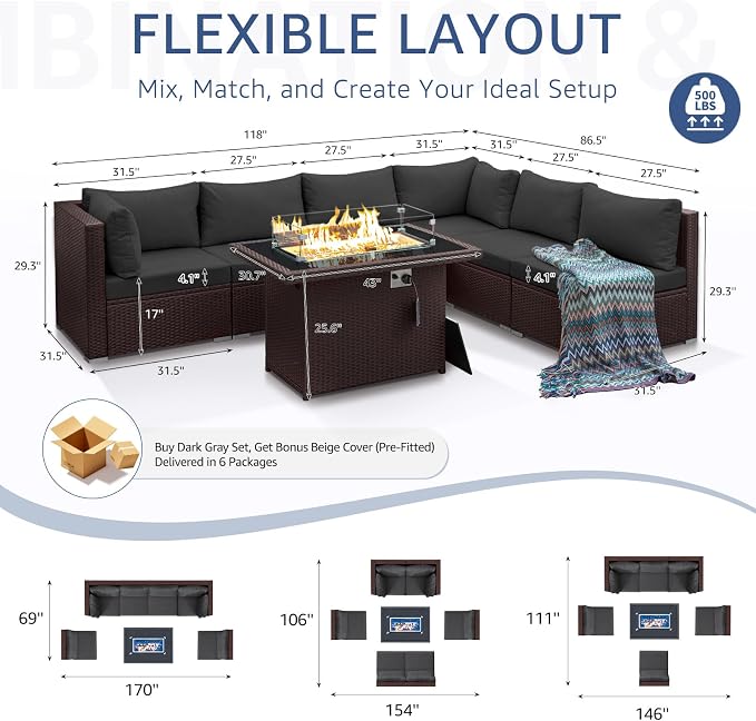 NICESOUL 7 Piece Large Size Outdoor Patio Furniture Set with Fire Pit, 29.3'' High Back Deep Seat Sectional Conversation Sets, Heavy Duty Modern Backyard Sitting, Brown Rattan and Dark Grey Cushion