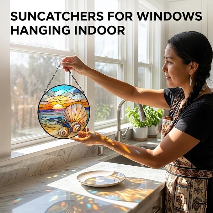Birthday Gifts for Women - Beach Shell Faux Stained Glass Window Hanging Sun Catcher for Door Garden Acrylic Ocean Decor Mother's Day Christmas for Mom Men Nana Grandma Sisters 6.3"