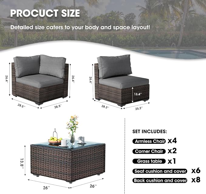 Grezone Patio Furniture Set 7 Piece Outdoor Wicker Sectional Sofa - All Weather High Backrest PE Rattan Couch Conversation Set with Cushion & Glass Top Table for Backyard Deck Porch, (Grey)