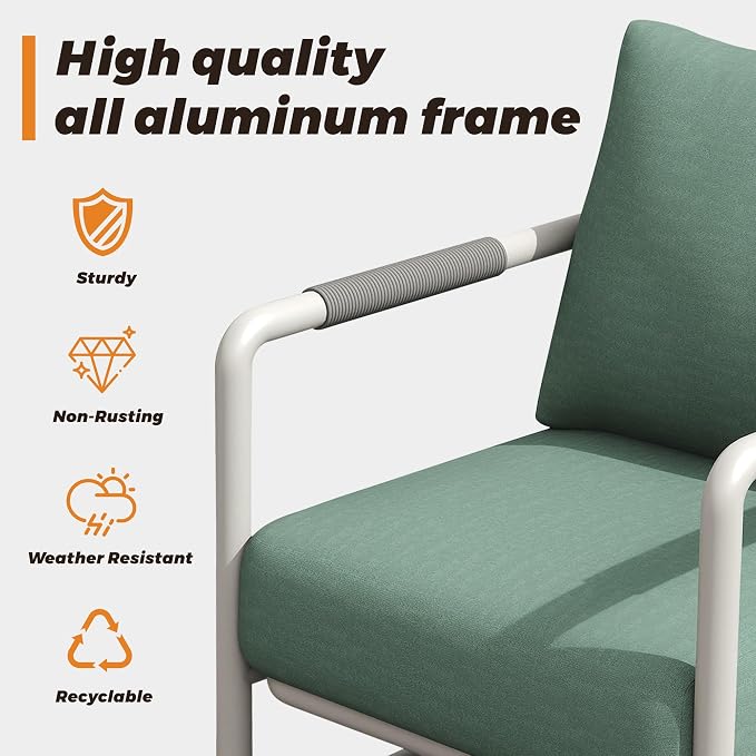 Outdoor Aluminum Patio Furniture Set, 5 Pieces Conversation Set with 6.5 Inch Cushions & 2 Ottomans, All-Weather Rust-Resistant Frame Conversation Set for Porch, Garden, Backyard, White