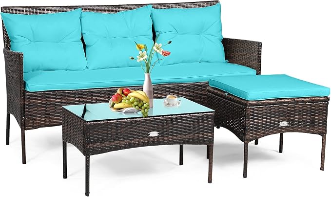 RELAX4LIFE 3 Pieces Patio Furniture Sectional Set, Rattan Wicker Conversation Set W/5 Cozy Seat & Back Cushions, Tempered Glass Coffee Table for Poolside, Backyard Outdoor Furniture (Turquoise)