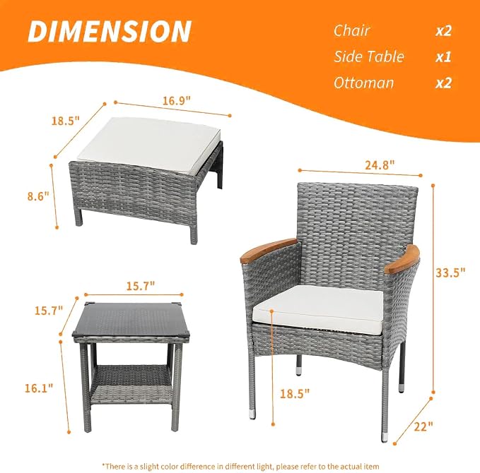 5Pcs Patio Furniture Sets Rattan Patio Chair Set of 5 Outdoor with Coffee Glass Table & Ottoman for Yard Backyard Lawn Porch Poolside Balcony (Grey)