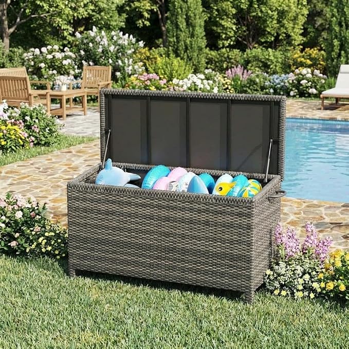 GarveeLife Outdoor Wicker Storage Box, PE Rattan Patio Storage Chest with Steel Frame, Weather-Resistant Deck Storage Box for Cushions, Garden Tools & Pool Accessories – Brown Wicker