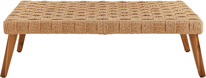 Modway Thames Wicker Rattan Outdoor Coffee Table in Natural - Low-Profile Rectangle Patio Table - Weather Resistant Outdoor Wicker Coffee Table with Acacia Wood Legs for Deck, Pool, Balcony, Garden