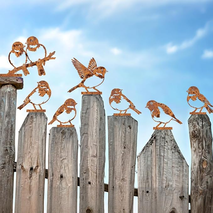 7 PCS Rust-Effec Painted Metal Bird Sculptures - Vintage Rustic Wrought Iron Bird, Vivid 2D Garden Decor for Outdoor Fences, Patio, Yard for Bird Lovers
