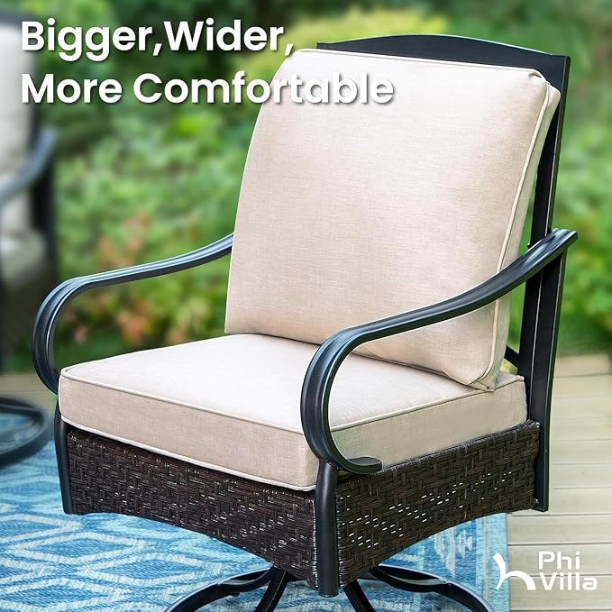 PHI VILLA Swivel Patio Dining Chairs Wicker Chairs Set of 4 with Cushions | Heavy Duty Outdoor Metal Wicker Dining Chair with Padded Cushions, Large All Weather Wrought Iron Patio Chair for Balcony