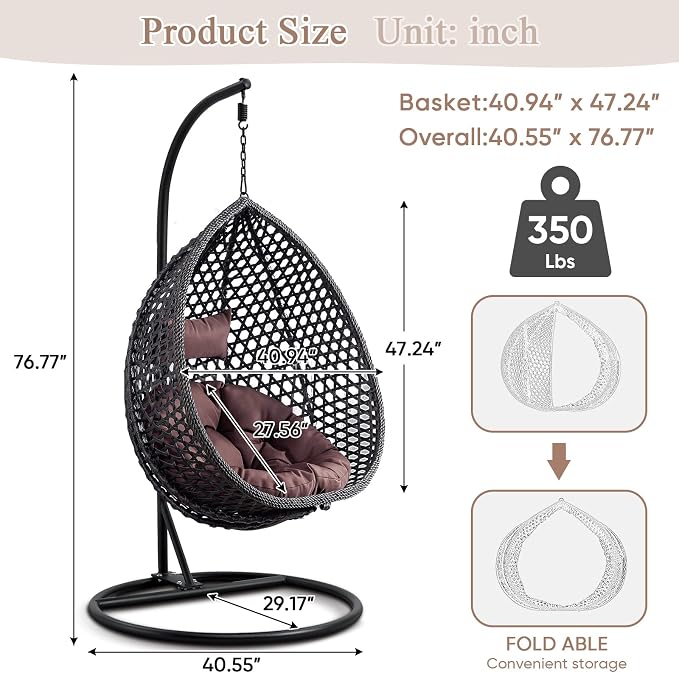 Hanging Egg Swing Chair with Stand, Rattan Wicker Hanging Egg Chair Hammock Indoor with Cushions, Swinging Chair for Bedroom Outdoor Patio Balcony Backyard Sunroom Heavy Duty 350LBS (Black)