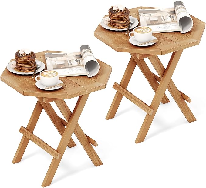 RELAX4LIFE Folding Outdoor Side Table - Set of 2 Teak Wood End Table, Octagonal Coffee Bistro Table w/Slatted Tabletop, Portable Picnic Camp Table for Poolside Porch Garden, Foldable Small Patio Table