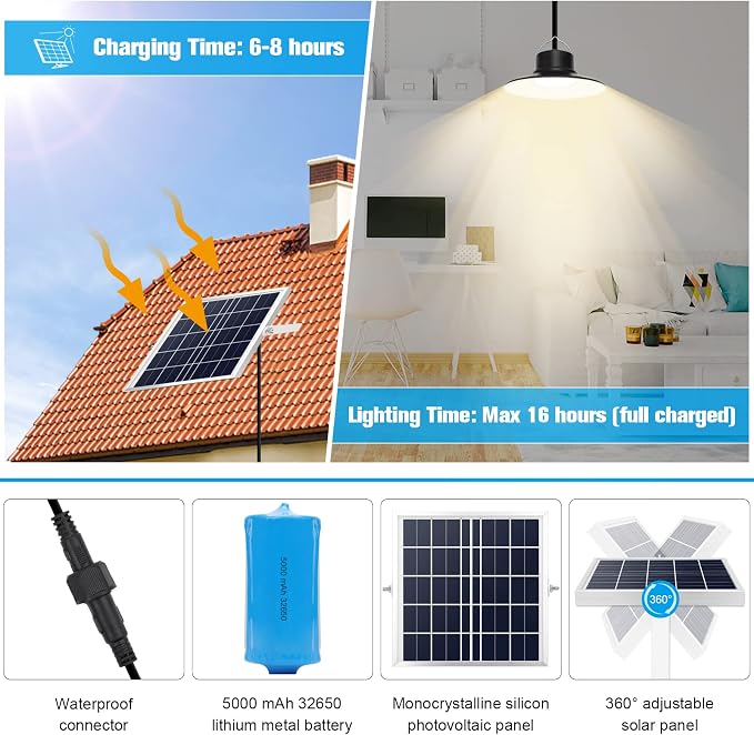 Solar Lights Outdoor, LED Solar Pendant Light 3000K|4000K|5000K| Dimmable Lighting with Remote Control, 16.4ft Cable IP66 Waterproof for Patio, Garage, Camp, Chicken Coop, Shed Barn